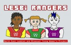 3 cartoon young lesbians labelled "Lesbi Rangers